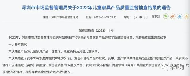 深圳市监局：10批次儿童家具不合格