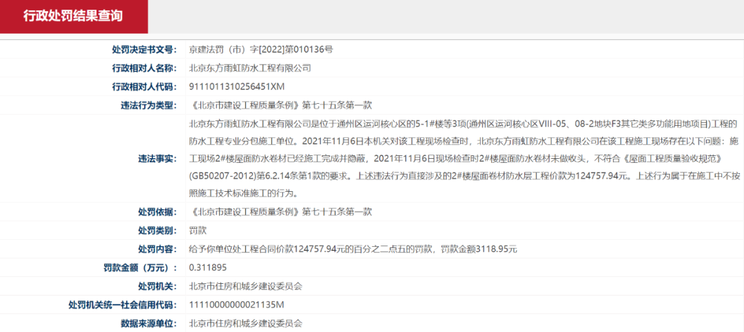东方雨虹子公司不按技术标准施工，遭北京市住建委罚款