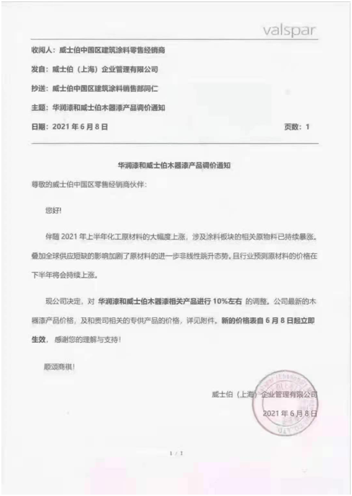 涂料企业涨价潮持续蔓延，立邦长润发等家具漆再次集体涨价