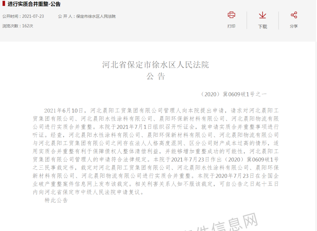 晨阳集团破产重整新进展：3家子公司进行实质合并重整