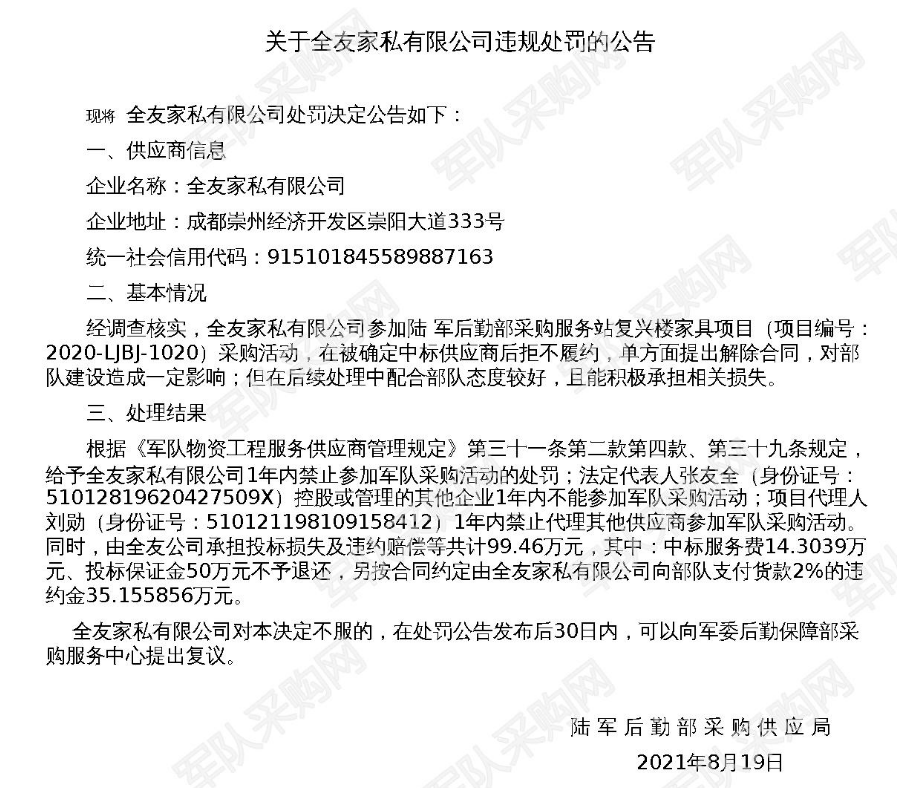 全友家私被处罚！赔偿100万！一年内禁止参加军队采购招标！