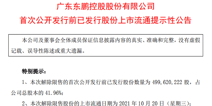 东鹏控股:5亿股限售股10月20日解禁 占比41.96% 